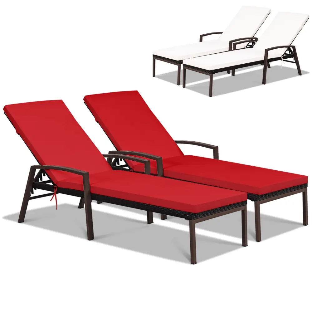 2 Pieces Patio Rattan Reclining Chaise Lounge Chair with Cushion and Armrest-Red & White - Red & White - Outdoor Chaise