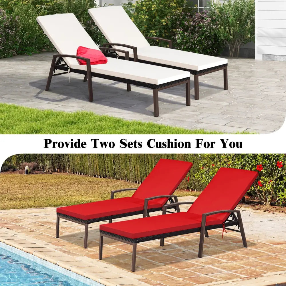2 Pieces Patio Rattan Reclining Chaise Lounge Chair with Cushion and Armrest-Red & White - Red & White - Outdoor Chaise