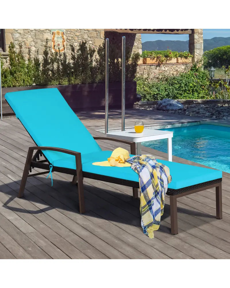 2 Pieces Patio Rattan Reclining Chaise Lounge Chair with Cushion and Armrest-Turquoise and White - Beige & Turquoise