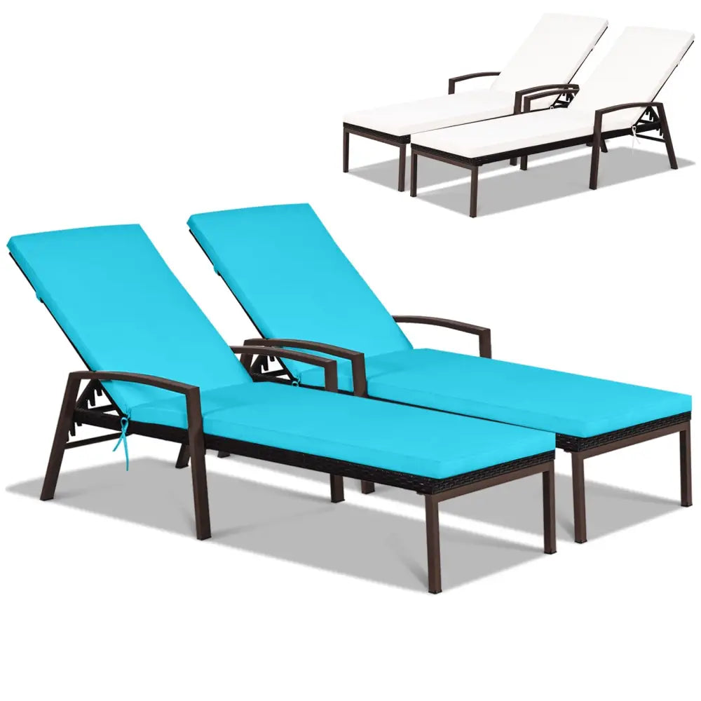 2 Pieces Patio Rattan Reclining Chaise Lounge Chair with Cushion and Armrest-Turquoise and White - Beige & Turquoise