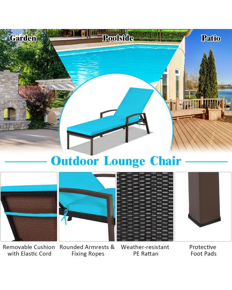 2 Pieces Patio Rattan Reclining Chaise Lounge Chair with Cushion and Armrest-Turquoise and White - Beige & Turquoise