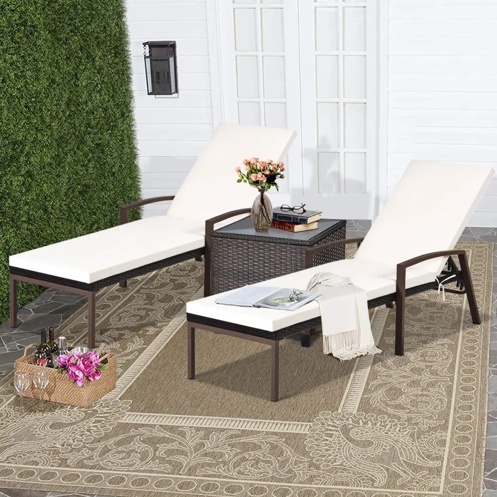 2 Pieces Patio Rattan Reclining Chaise Lounge Chair with Cushion and Armrest-Turquoise and White - Beige & Turquoise