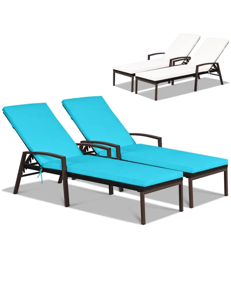 2 Pieces Patio Rattan Reclining Chaise Lounge Chair with Cushion and Armrest-Turquoise and White - Beige & Turquoise