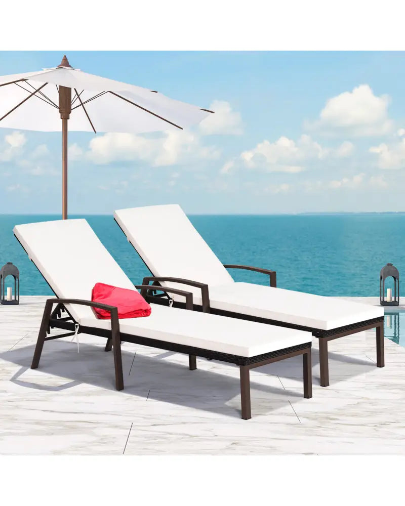2 Pieces Patio Rattan Reclining Chaise Lounge Chair with Cushion and Armrest-Turquoise and White - Beige & Turquoise