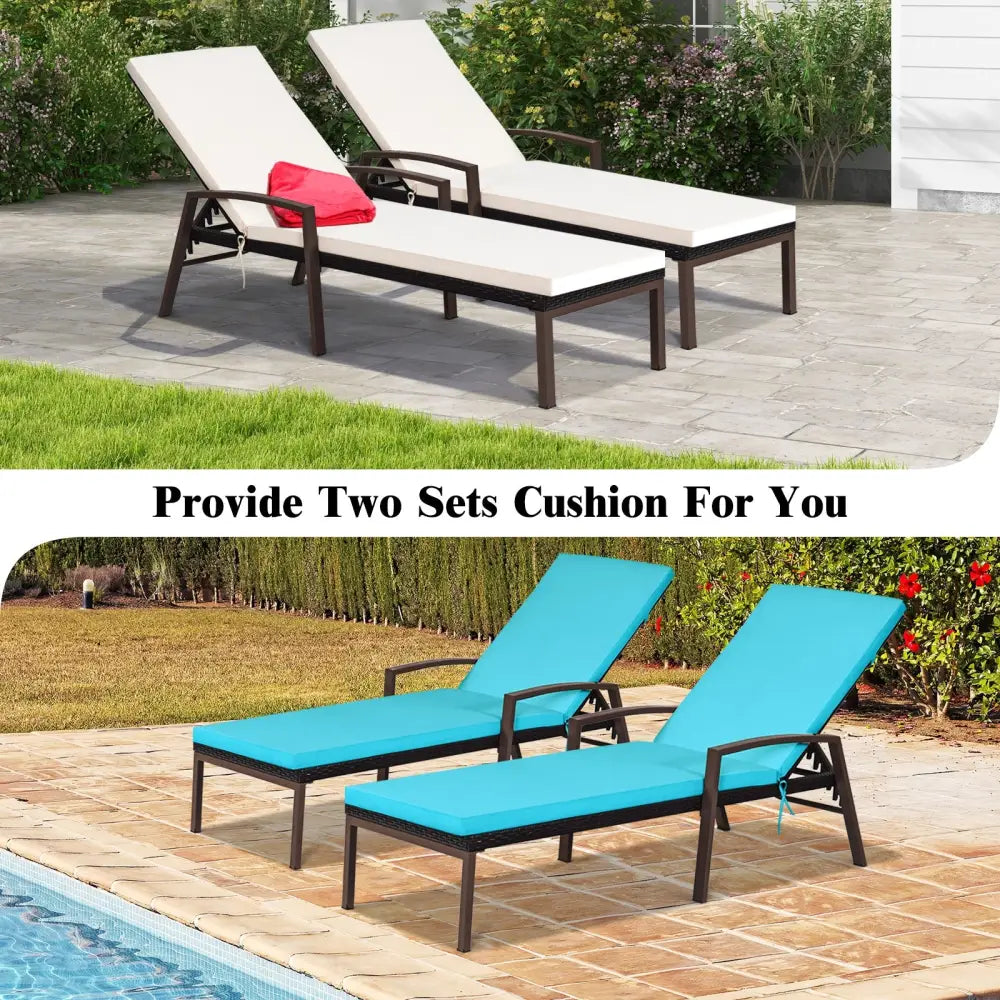 2 Pieces Patio Rattan Reclining Chaise Lounge Chair with Cushion and Armrest-Turquoise and White - Beige & Turquoise