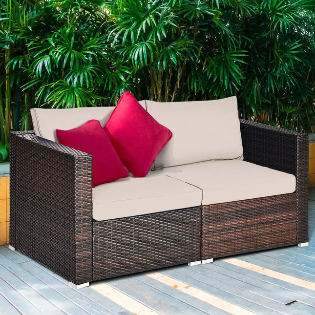 2 Pieces Patio Rattan Sectional Conversation Sofa Set-Beige - Beige - Outdoor Sectionals