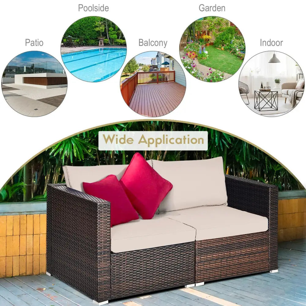 2 Pieces Patio Rattan Sectional Conversation Sofa Set-Beige - Beige - Outdoor Sectionals