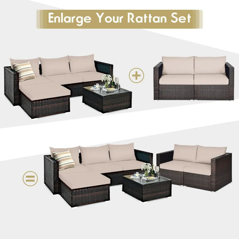 2 Pieces Patio Rattan Sectional Conversation Sofa Set-Beige - Beige - Outdoor Sectionals