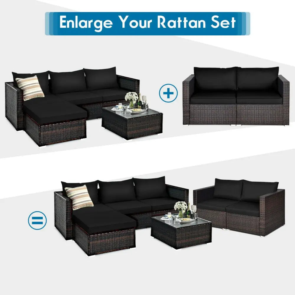 2 Pieces Patio Rattan Sectional Conversation Sofa Set-Black - Black - Outdoor Sectionals