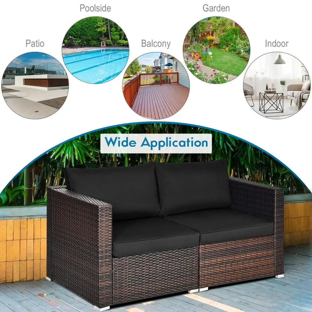 2 Pieces Patio Rattan Sectional Conversation Sofa Set-Black - Black - Outdoor Sectionals
