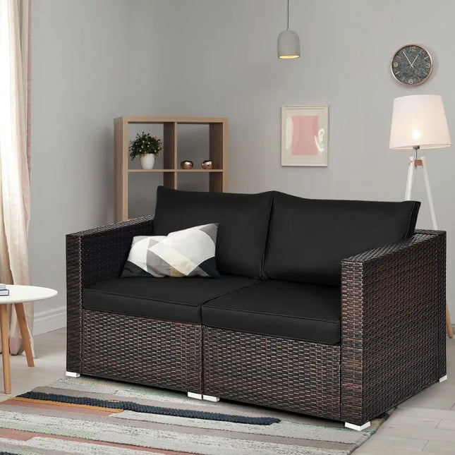2 Pieces Patio Rattan Sectional Conversation Sofa Set-Black - Black - Outdoor Sectionals