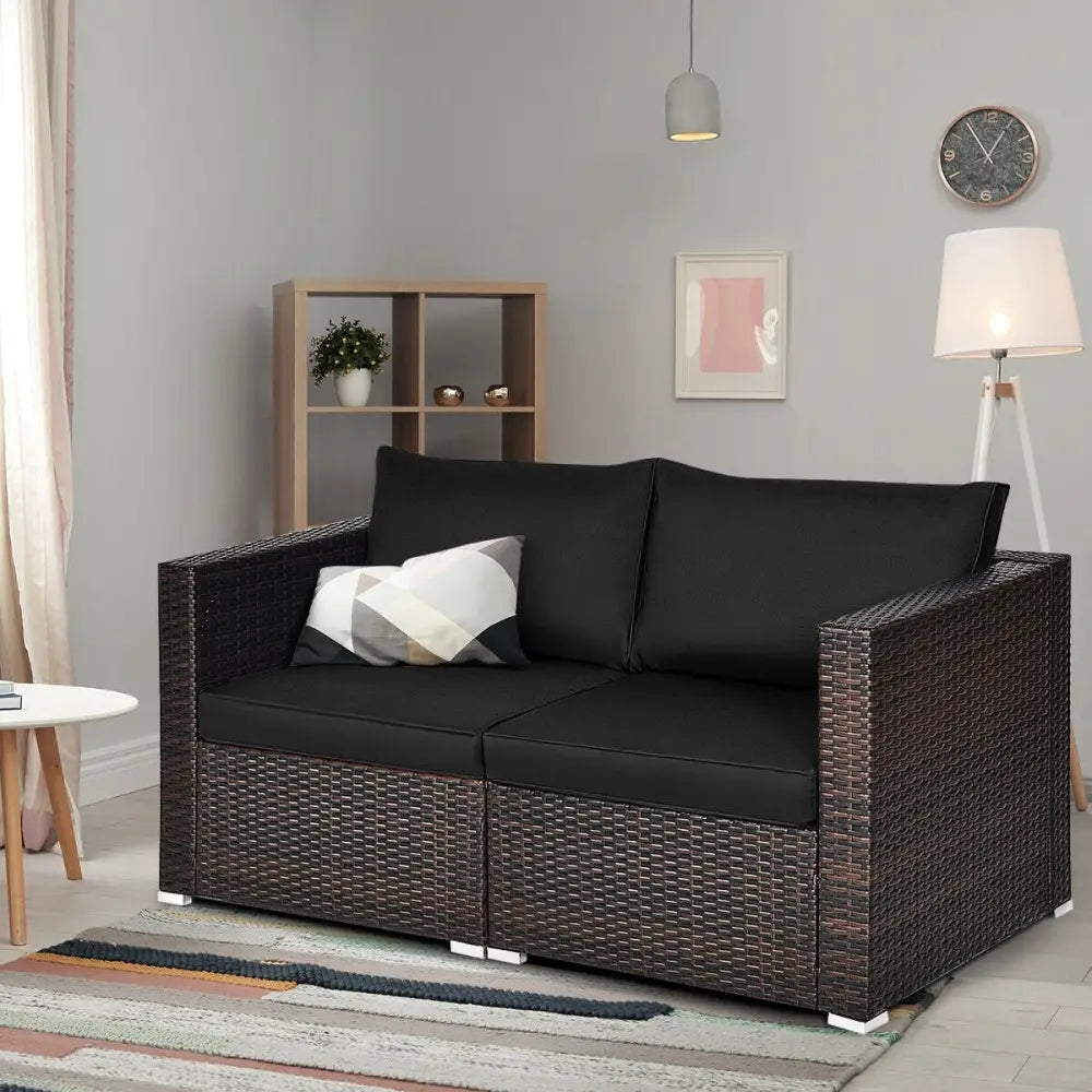 2 Pieces Patio Rattan Sectional Conversation Sofa Set-Black - Black - Outdoor Sectionals