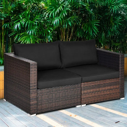 2 Pieces Patio Rattan Sectional Conversation Sofa Set-Black - Black - Outdoor Sectionals