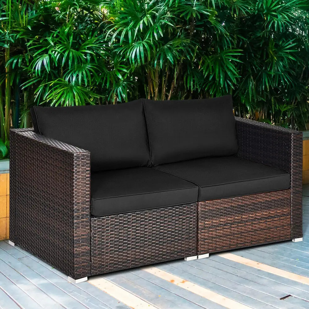 2 Pieces Patio Rattan Sectional Conversation Sofa Set-Black - Black - Outdoor Sectionals