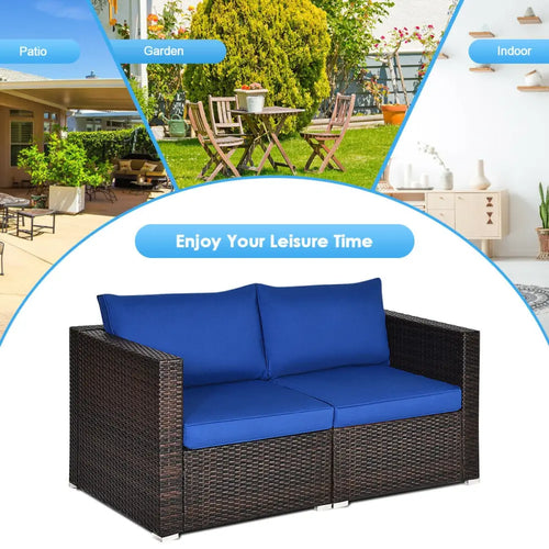 2 Pieces Patio Rattan Sectional Conversation Sofa Set-Navy - Navy - Outdoor Sectionals