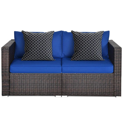 2 Pieces Patio Rattan Sectional Conversation Sofa Set-Navy - Navy - Outdoor Sectionals
