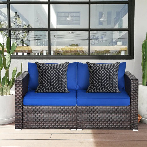 2 Pieces Patio Rattan Sectional Conversation Sofa Set-Navy - Navy - Outdoor Sectionals