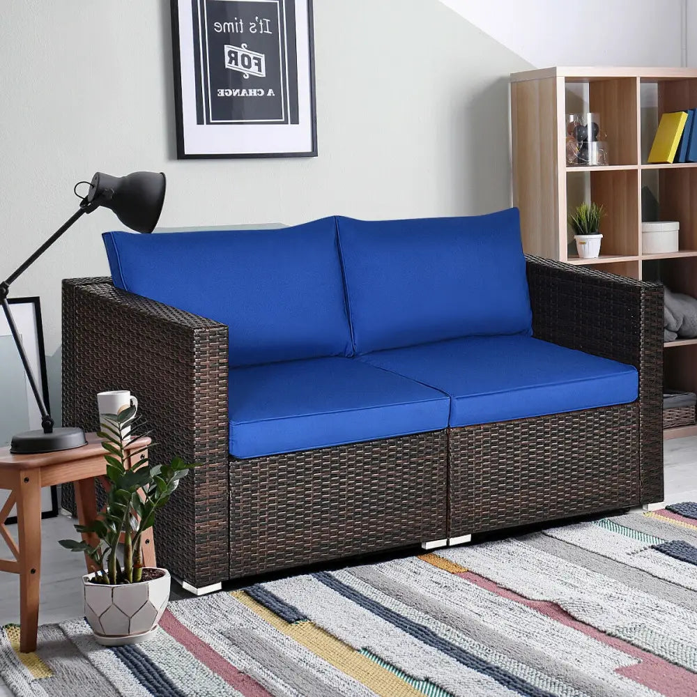 2 Pieces Patio Rattan Sectional Conversation Sofa Set-Navy - Navy - Outdoor Sectionals