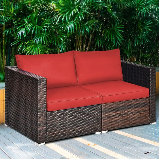 2 Pieces Patio Rattan Sectional Conversation Sofa Set-Red - Red - Outdoor Sectionals