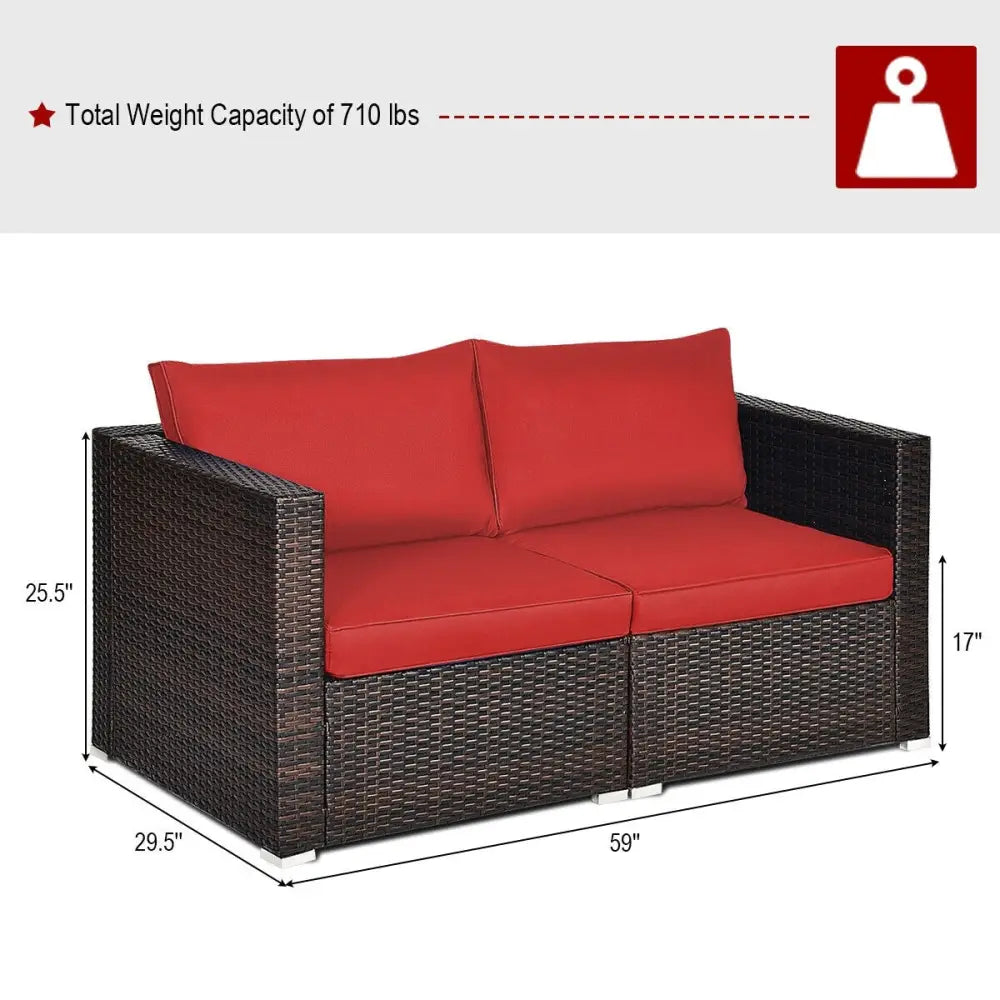 2 Pieces Patio Rattan Sectional Conversation Sofa Set-Red - Red - Outdoor Sectionals