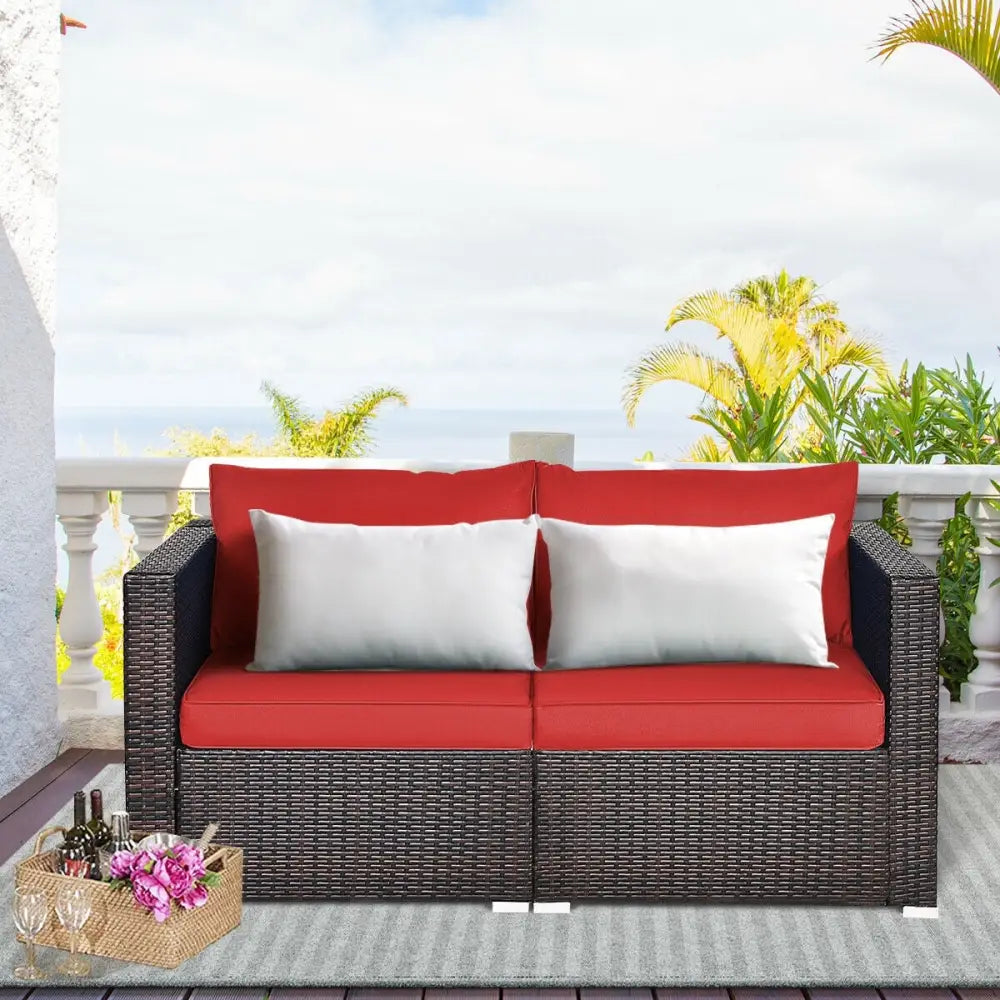 2 Pieces Patio Rattan Sectional Conversation Sofa Set-Red - Red - Outdoor Sectionals