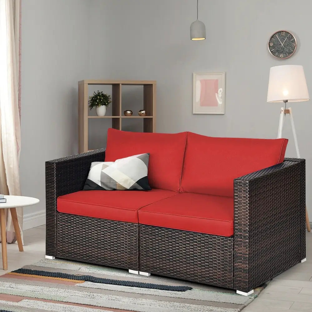 2 Pieces Patio Rattan Sectional Conversation Sofa Set-Red - Red - Outdoor Sectionals