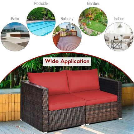 2 Pieces Patio Rattan Sectional Conversation Sofa Set-Red - Red - Outdoor Sectionals
