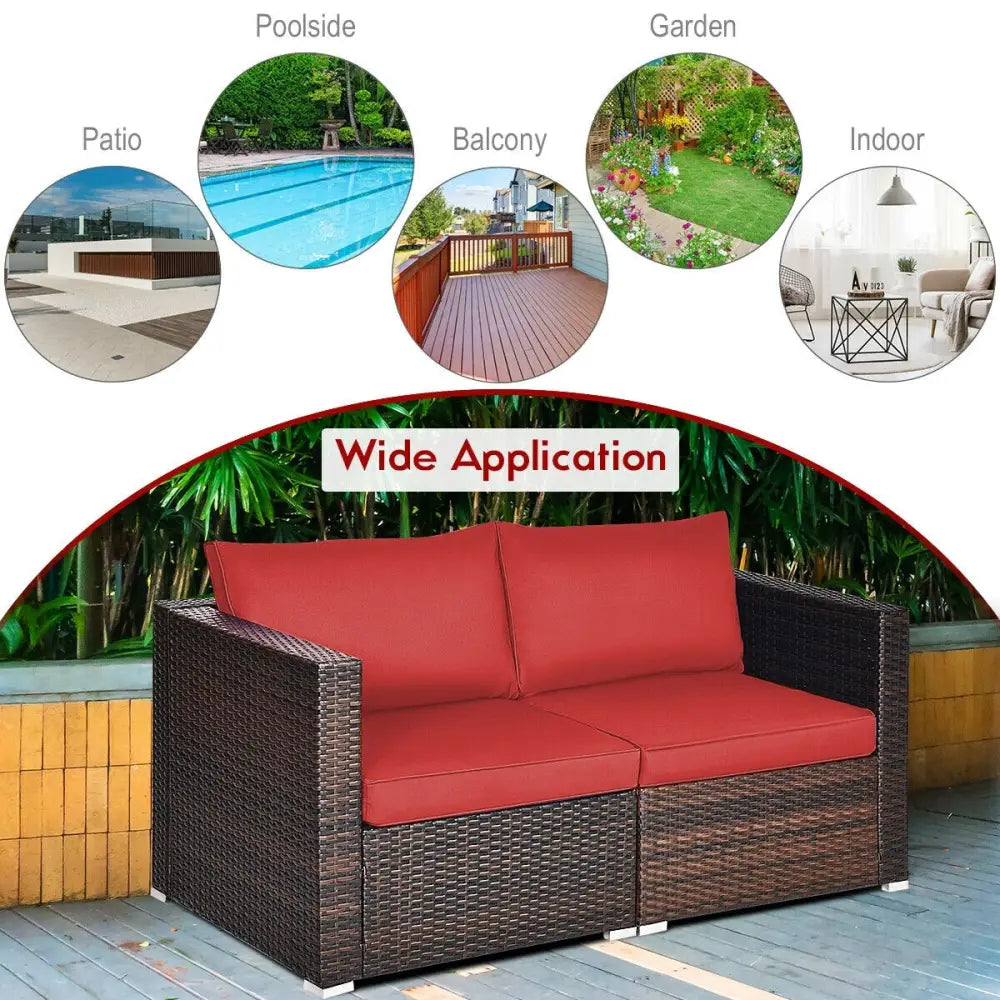 2 Pieces Patio Rattan Sectional Conversation Sofa Set-Red - Red - Outdoor Sectionals