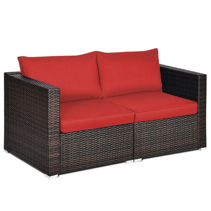 2 Pieces Patio Rattan Sectional Conversation Sofa Set-Red - Red - Outdoor Sectionals