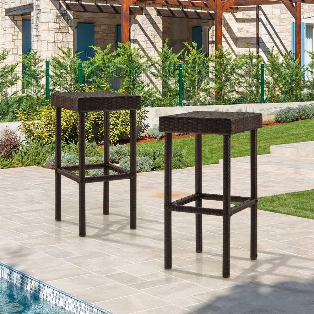 2 Pieces Patio Rattan Wicker Bar Stool Chairs-Brown - Brown - Patio Bar Furniture