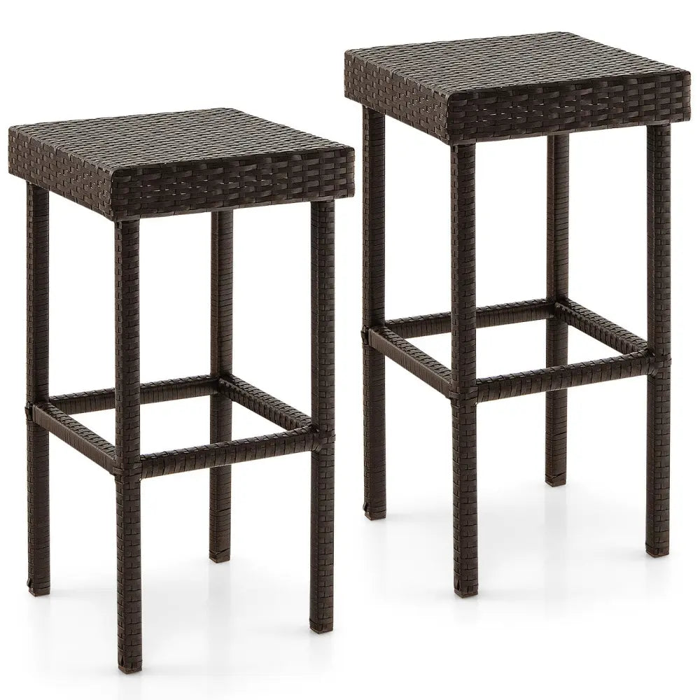 2 Pieces Patio Rattan Wicker Bar Stool Chairs-Brown - Brown - Patio Bar Furniture