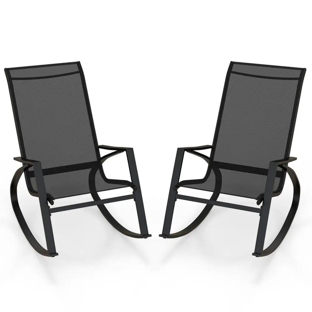 2 Pieces Patio Rocking Chairs Outdoor Sling Fabric Rockers with Ergonomic Backrest and Seat-Black - Black - Patio