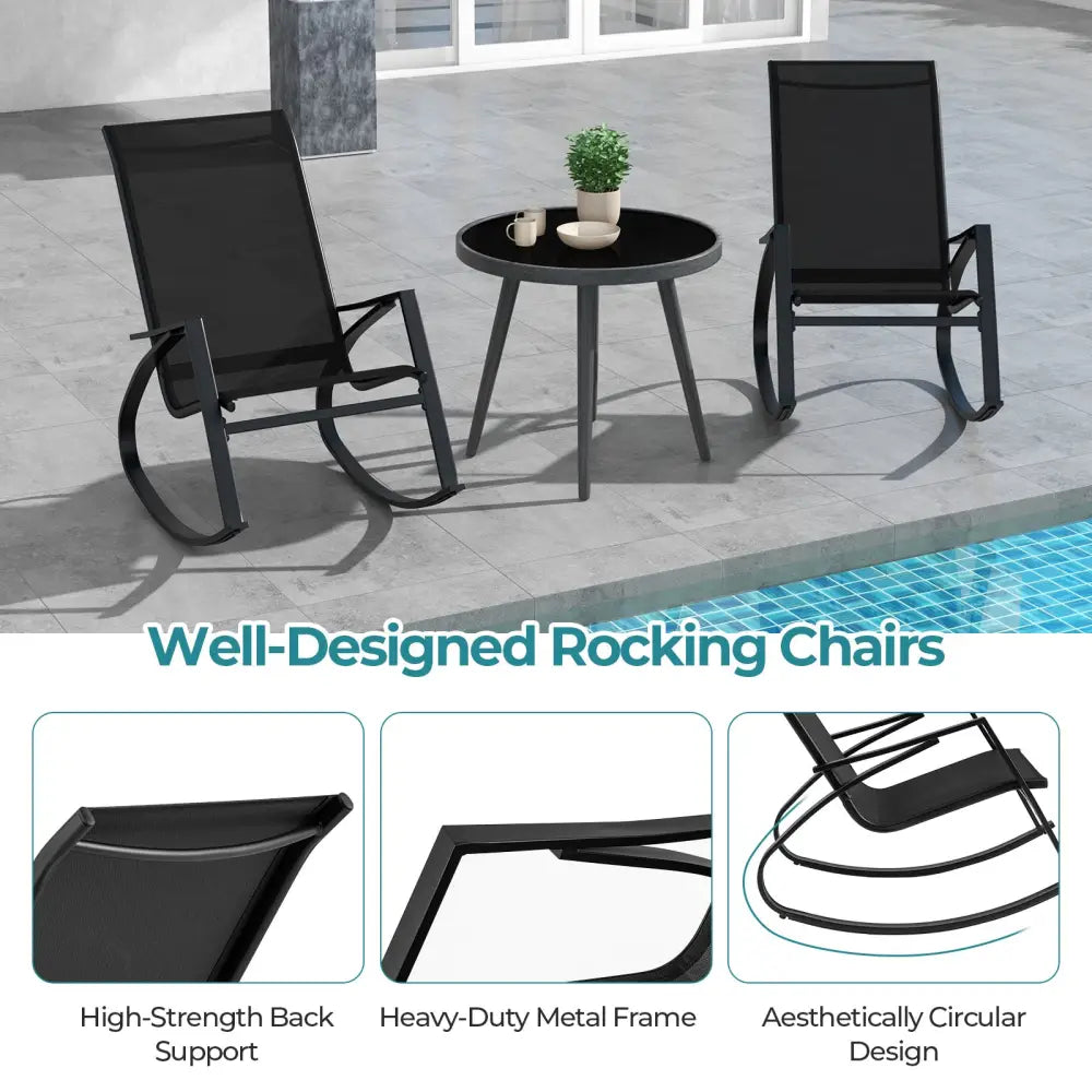2 Pieces Patio Rocking Chairs Outdoor Sling Fabric Rockers with Ergonomic Backrest and Seat-Black - Black - Patio