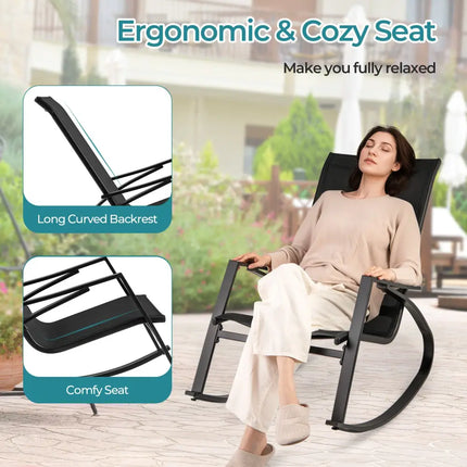 2 Pieces Patio Rocking Chairs Outdoor Sling Fabric Rockers with Ergonomic Backrest and Seat-Black - Black - Patio