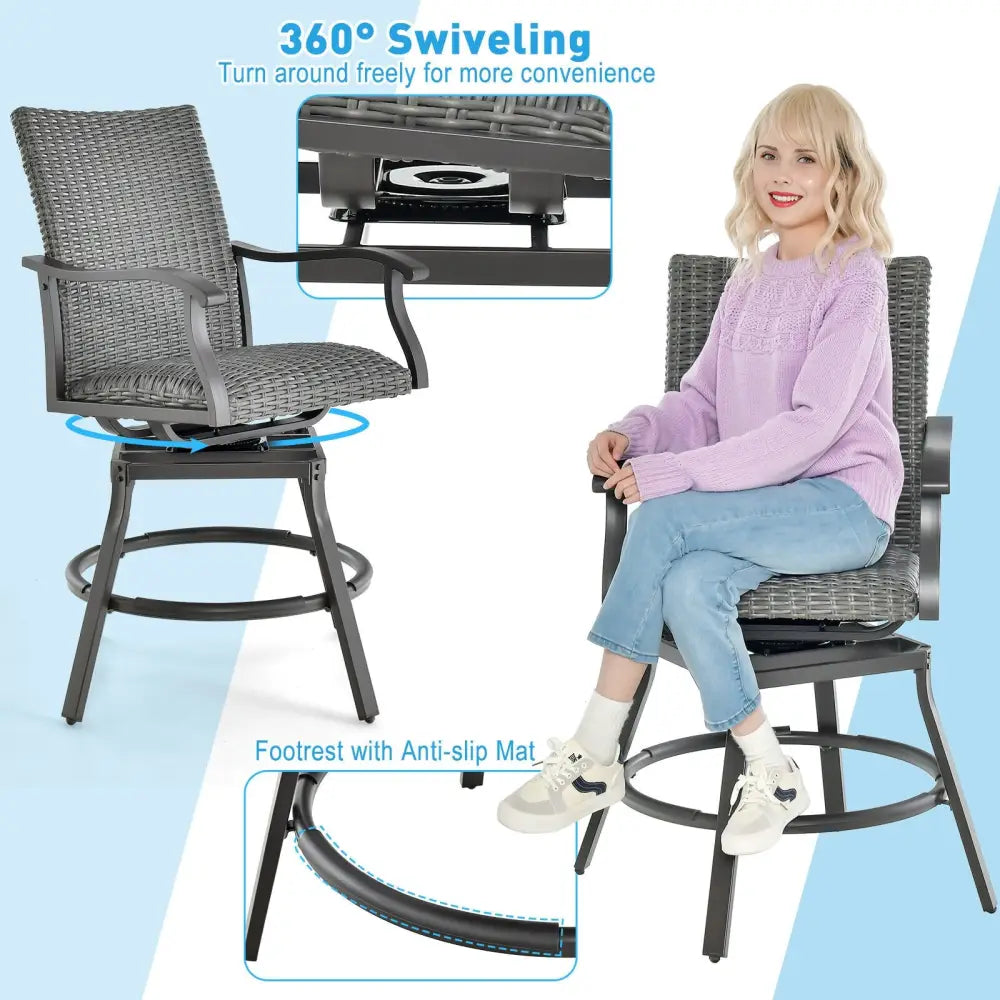 2 Pieces Patio Swivel Bar Chair Set with Quick Dry 4D Air Fiber Cushion - Black - Patio Bar Furniture