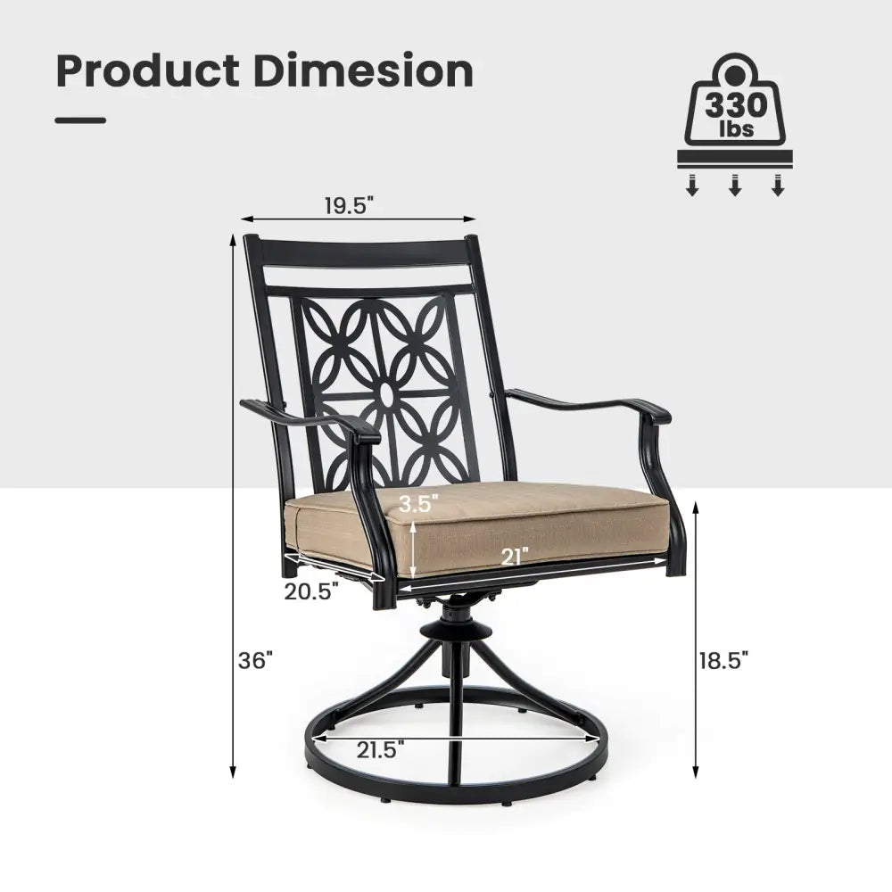 2 Pieces Patio Swivel Dining Chairs with Blossom Pattern Backrest and Cushions-Black - Black - Patio Dining Chairs