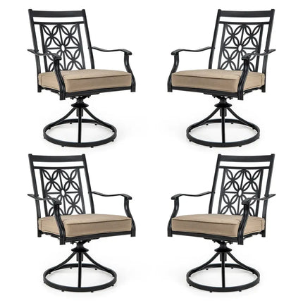 2 Pieces Patio Swivel Dining Chairs with Blossom Pattern Backrest and Cushions-Black - Black - Patio Dining Chairs
