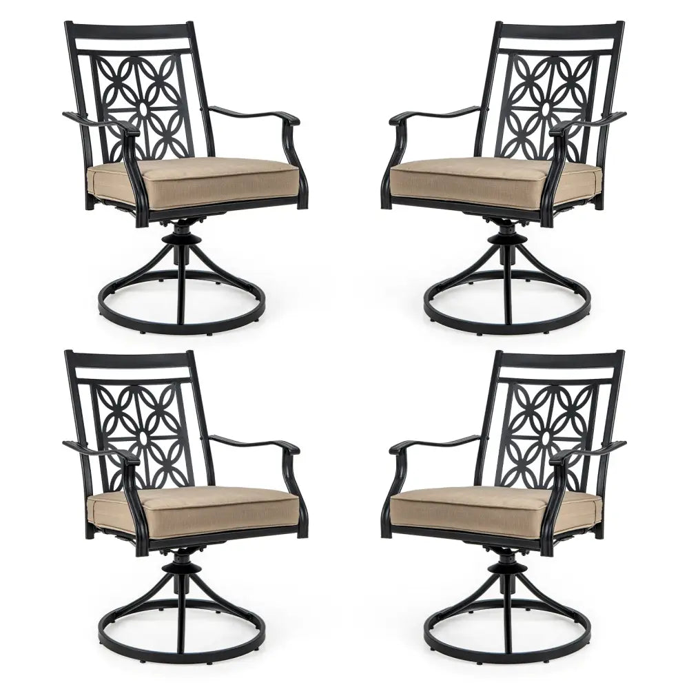 2 Pieces Patio Swivel Dining Chairs with Blossom Pattern Backrest and Cushions-Black - Black - Patio Dining Chairs