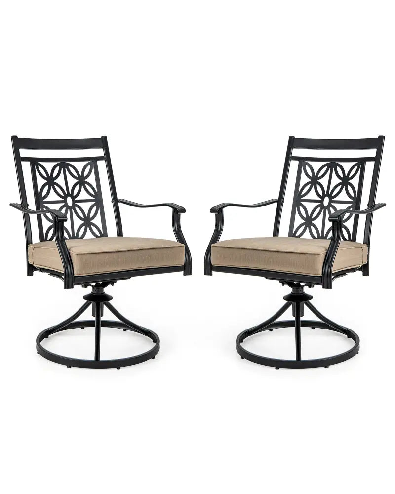 2 Pieces Patio Swivel Dining Chairs with Blossom Pattern Backrest and Cushions-Black - Black - Patio Dining Chairs
