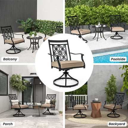 2 Pieces Patio Swivel Dining Chairs with Blossom Pattern Backrest and Cushions-Black - Black - Patio Dining Chairs