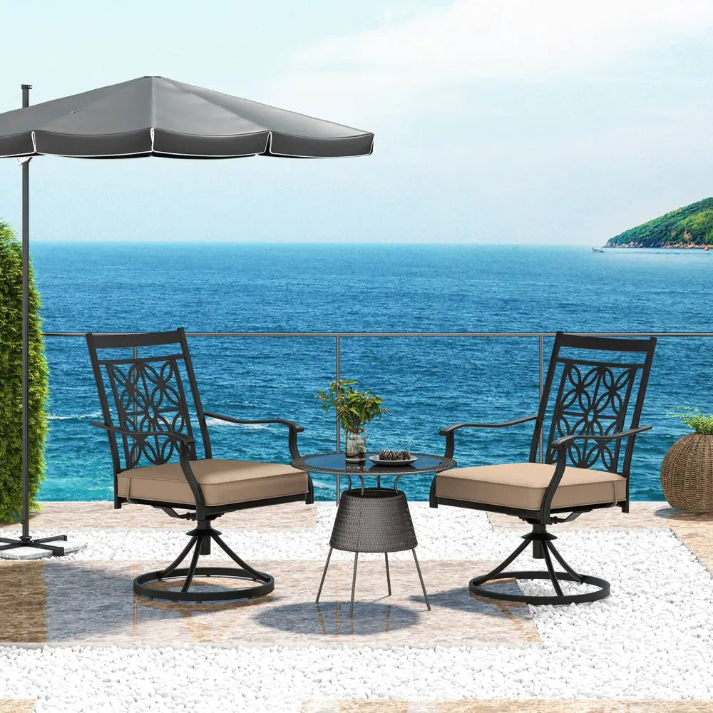 2 Pieces Patio Swivel Dining Chairs with Blossom Pattern Backrest and Cushions-Black - Black - Patio Dining Chairs