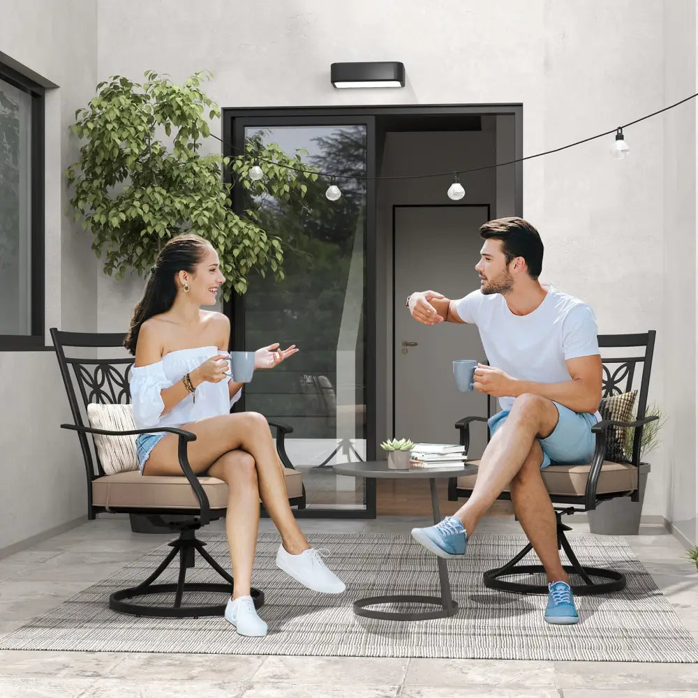 2 Pieces Patio Swivel Dining Chairs with Blossom Pattern Backrest and Cushions-Black - Black - Patio Dining Chairs