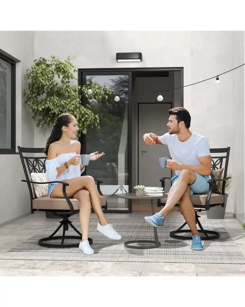 2 Pieces Patio Swivel Dining Chairs with Blossom Pattern Backrest and Cushions-Black - Black - Patio Dining Chairs