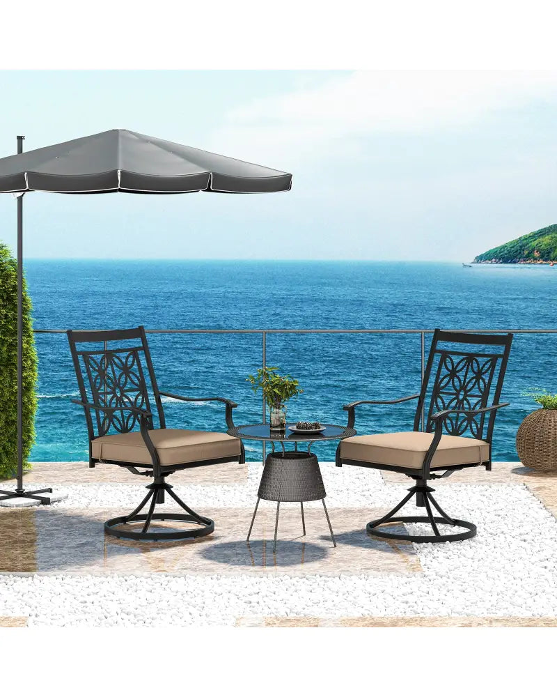 2 Pieces Patio Swivel Dining Chairs with Blossom Pattern Backrest and Cushions-Black - Black - Patio Dining Chairs