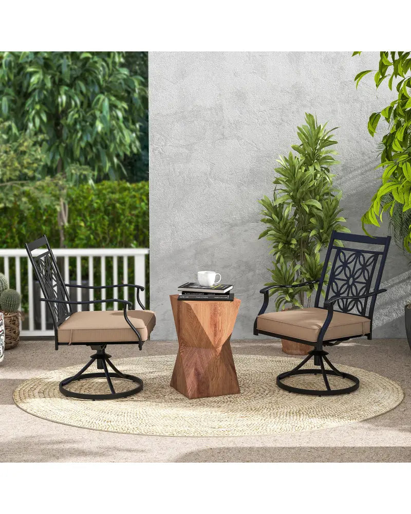 2 Pieces Patio Swivel Dining Chairs with Blossom Pattern Backrest and Cushions-Black - Black - Patio Dining Chairs