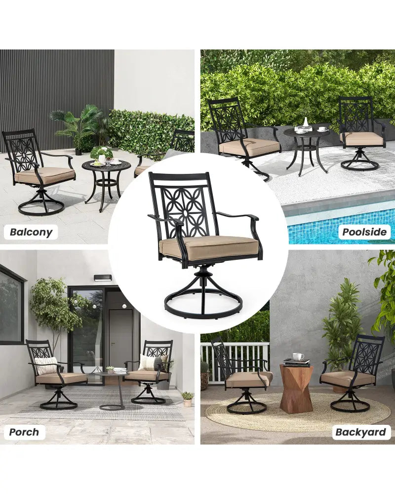 2 Pieces Patio Swivel Dining Chairs with Blossom Pattern Backrest and Cushions-Black - Black - Patio Dining Chairs