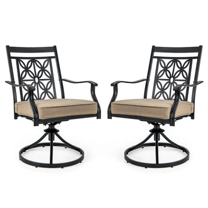 2 Pieces Patio Swivel Dining Chairs with Blossom Pattern Backrest and Cushions-Black - Black - Patio Dining Chairs