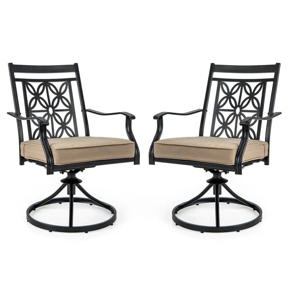 2 Pieces Patio Swivel Dining Chairs with Blossom Pattern Backrest and Cushions-Black - Black - Patio Dining Chairs