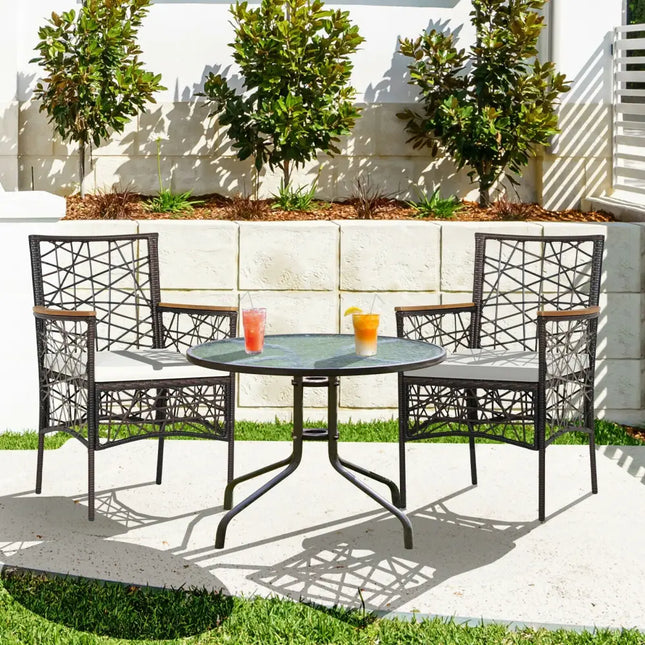 2 Pieces PE Wicker Patio Bistro Dining Chairs with Acacia Wood Armrests and Cushions - Espresso - Patio Dining Chairs