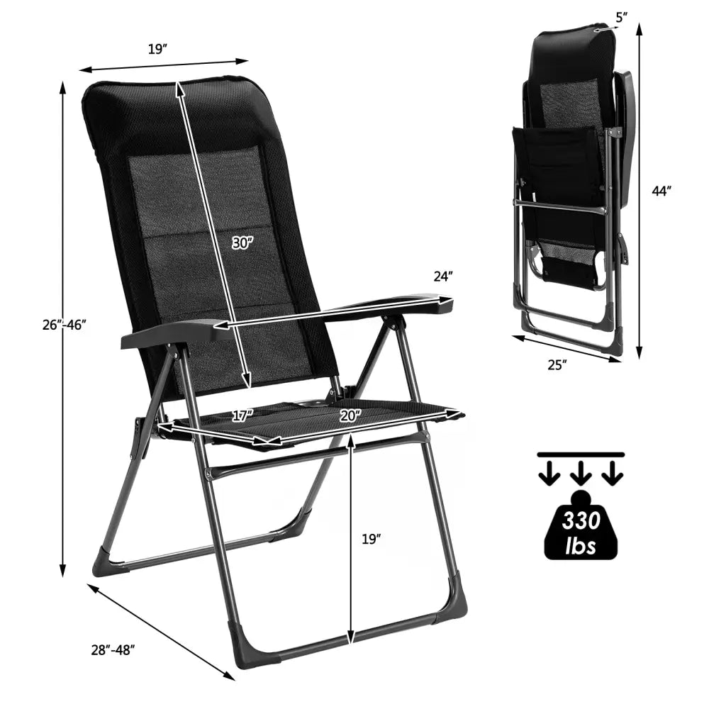 2 Pieces Portable Patio Folding Dining Chairs with Headrest Adjust for Camping -Black - Black - Patio Dining Chairs